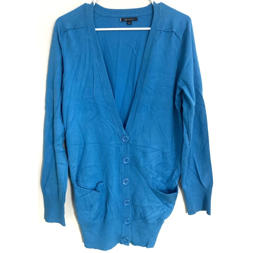 AK Anne Klein Cardigan Sweater Women L Blue V Neck Button Front Pockets Knit